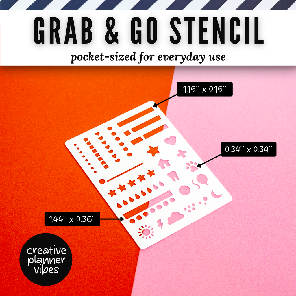 Grab & Go Stencil sample element sizes: 1.15 x 0.15 inch bar, 1.44 x 0.36 inch bar, and 0.34 x 0.34 inch paw print