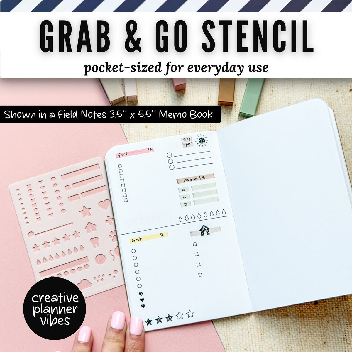Grab & Go Stencil next to a Field Notes 3.5 x 5.5 inch memo book with a stenciled daily layout