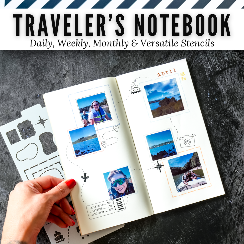 Travel journal spread made with the Traveler's Notebook Versatile stencil