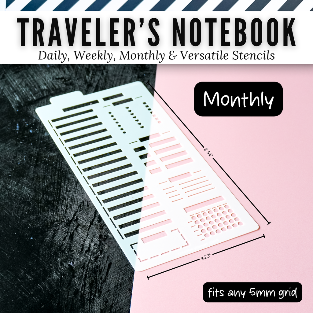 Traveler's Notebook Monthly stencil, 4.23 x 8.54 inches, fits any 5mm grid
